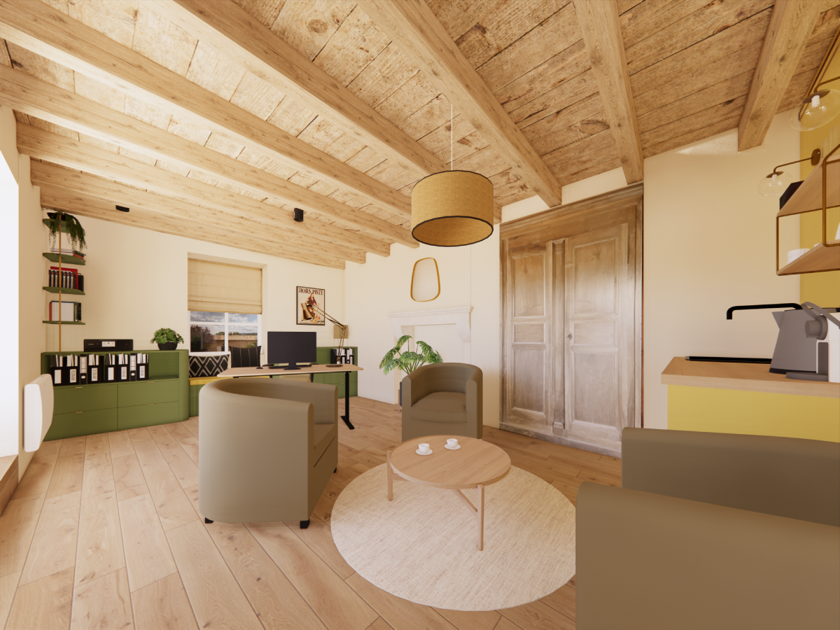 Bureau professionnel de charme avec parquet bois et plancher bois avec poutres apparentes. Placard mural portes anciennes. Bureau plateau en ilôt et enfilade de rangement vert. Coin cosy avec fauteuils.