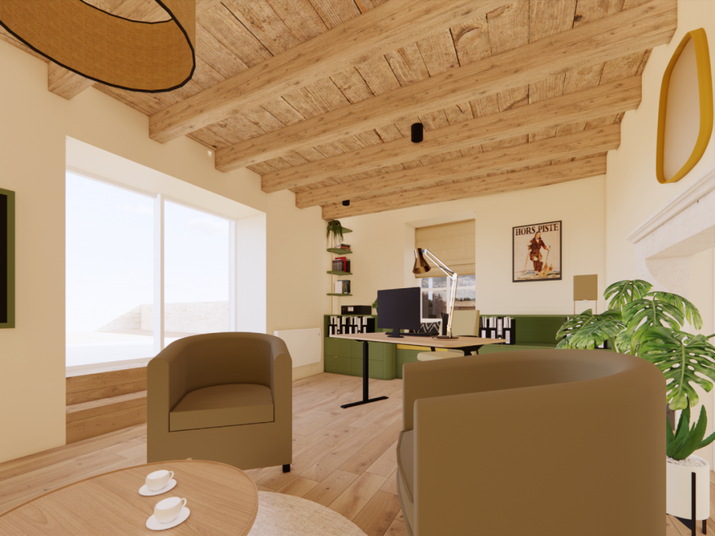 Bureau professionnel de charme avec parquet bois et plancher bois avec poutres apparentes. Espace cosy avec fauteuils. Bureau plateau en ilôt et enfilade de rangement vert.