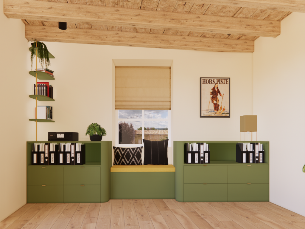 Enfilade de rangement vert avec petite banquette sous fenêtre avec assise de couleur jaune. Plafond planche bois avec poutres apparentes.