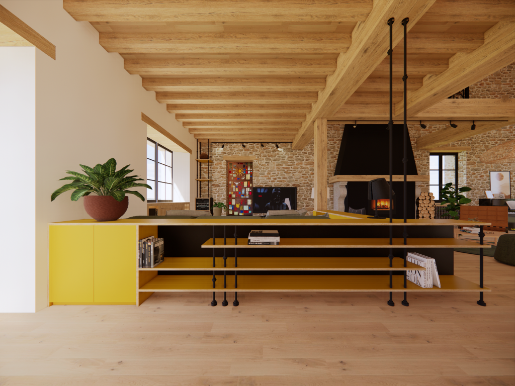 Bibliothèque basse derrière salon TV de couleur jaune ocre pour les étagères et partie fermée sur la gauche, le fond de bibliothèque est noire, et des montants sont en ferronnerie noire. L'ambiance est rustique avec parquet et plafond en chêne et murs en pierre apparentes mais avec décoration contemporaine.