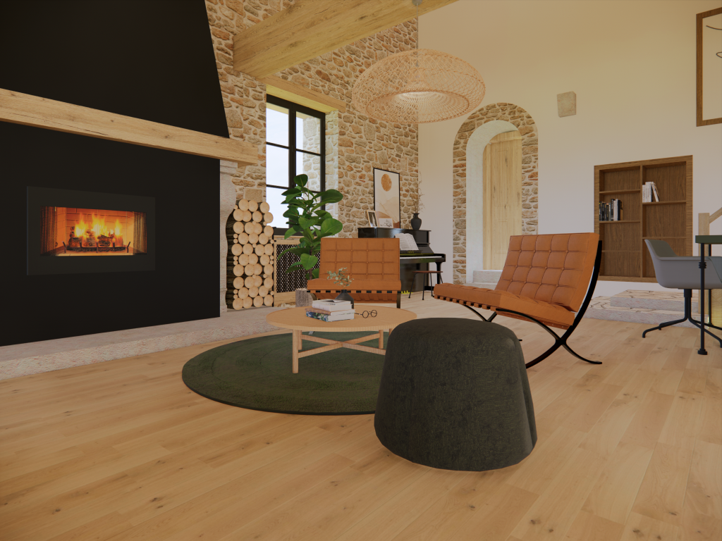 Vue rapprochée d'un coin discussion devant une grande cheminée ancienne peinte en noire avec habillage en pierre, devant mur en pierres apparentes. Deux fauteuils en cuir et tapis rond kak avec un pouf en velours kaki.