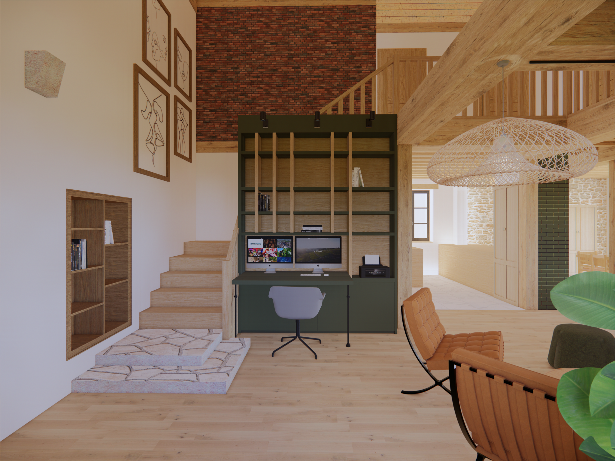 Grande bibliothèque vert kaki avec fond et étagères coloris chêne, en partie basse bureau pour télétravail avec double écran. L'ensemble sur mesure se trouve devant un escalier en bois accédant à une mezzanine. L'ambiance des lieux est ancien avec des meubles et décoration de style contemporain.