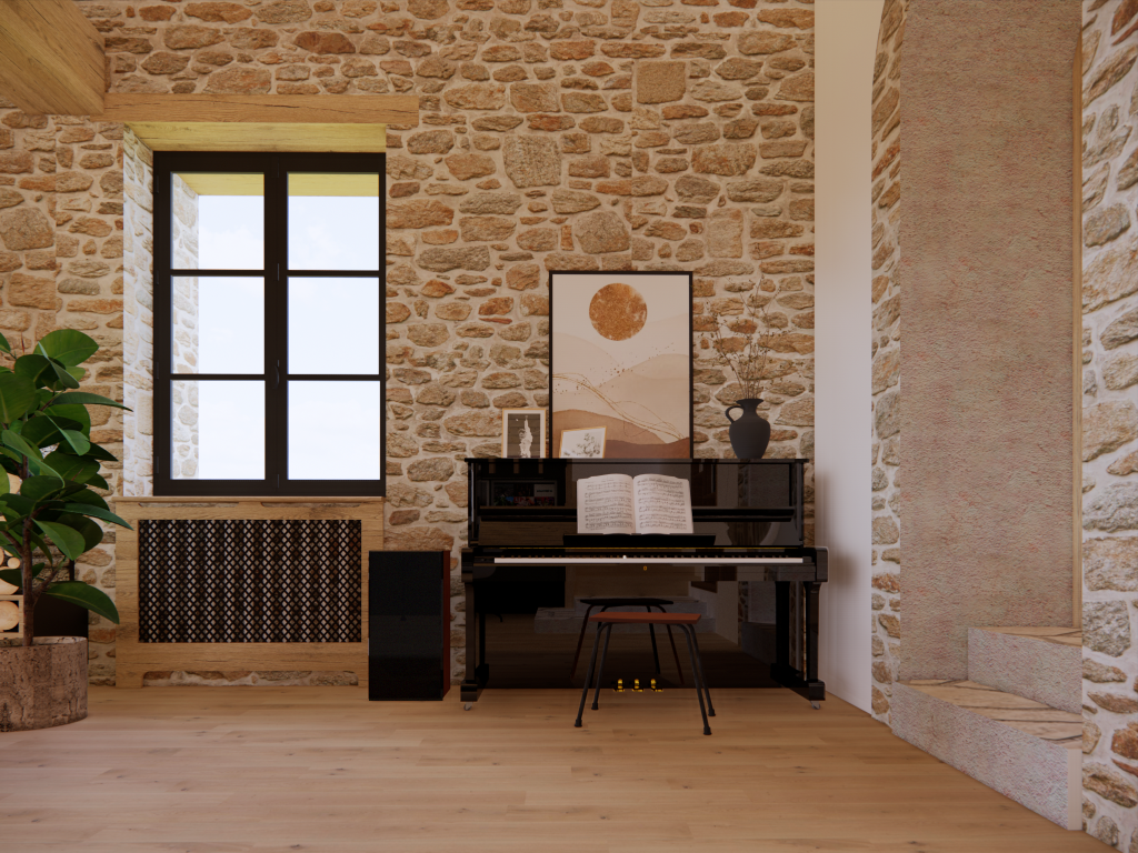 Piano droit noir laqué devant mur en pierres apparentes. A sa gauche, fenêtre aux montants noirs. Décoration sur le piano avec tableau paysage abstrait orangé et vasque noire.