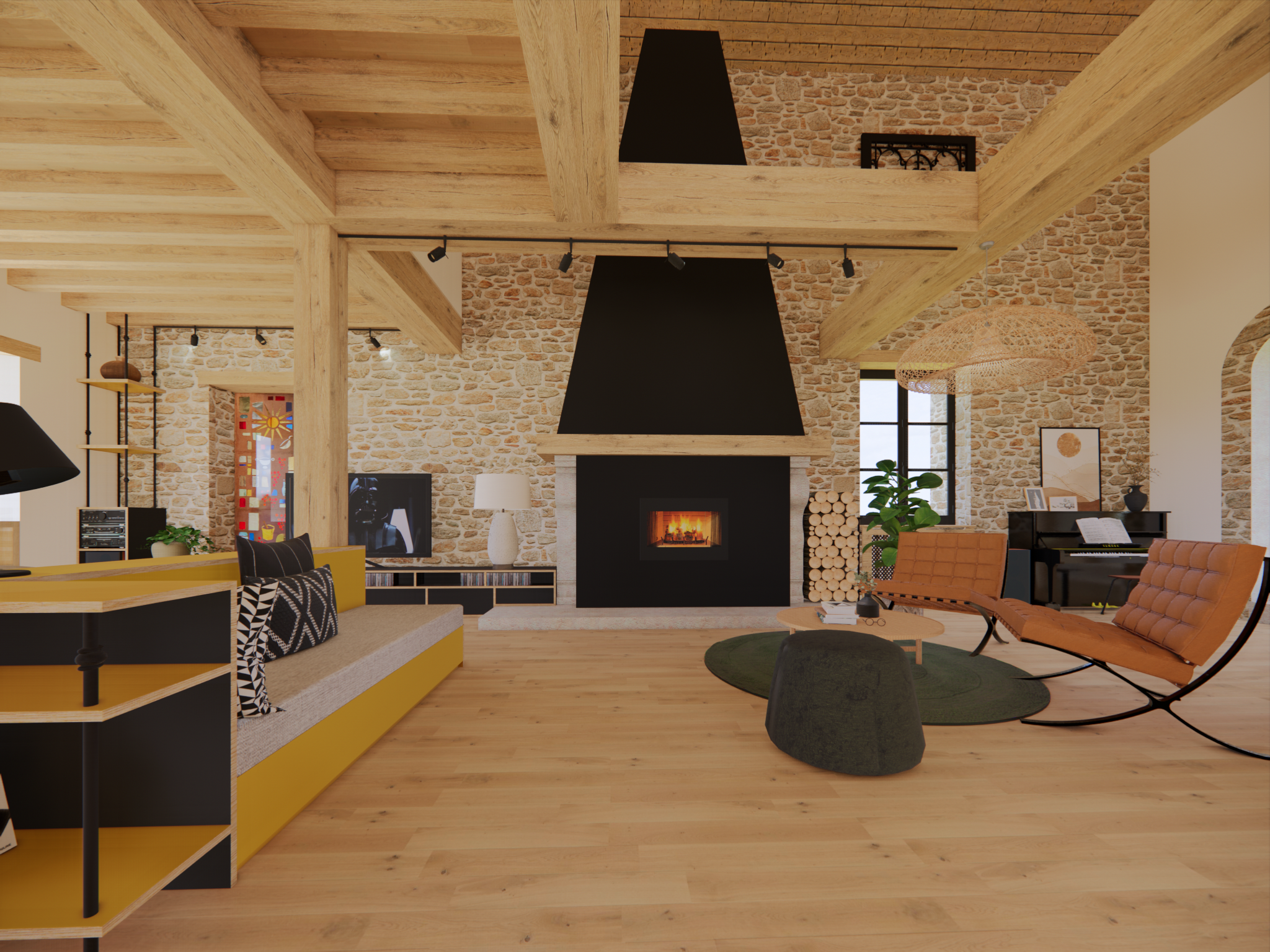 Coin lecture et discussion devant une grande cheminée ancienne peinte en noire avec habillage en pierre, devant mur en pierres apparentes. A droite, deux fauteuils en cuir et tapis rond kaki, à gauche méridienne sur mesure jaune et assise grise. Parquet chêne rustique et plafond poutres apparentes.