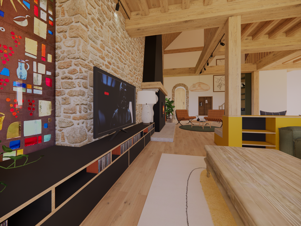Meuble TV sur mesure bas noir avec chant coloris chêne, devant mur en pierre avec une partie en vitrail, devant une table basse en bois. Plafond avec poutres en chêne.